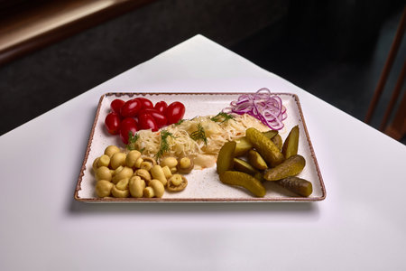 A rectangular plate with pickled mushrooms, cucumbers, cherry tomatoes, red onion, and sauerkraut served on a white table.の写真素材