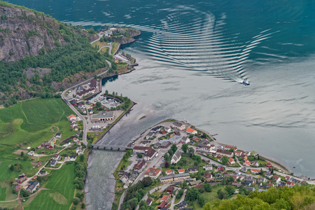 Aurland town from Stegastein lookout, Norway.の写真素材