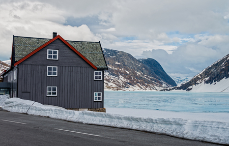 Frozen Djupvatnet lake on the road #63 to Geiranger fjord, Norway.の写真素材