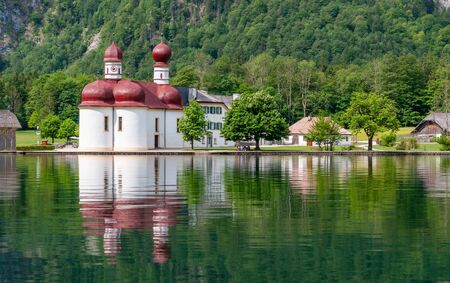 Bartholomew church in Konigssee , the deepest, cleanest lake in Germany during summer season.の写真素材