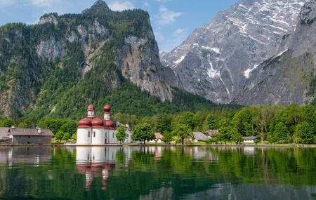 Bartholomew church in Konigssee , the deepest, cleanest lake in Germany during summer season.の写真素材