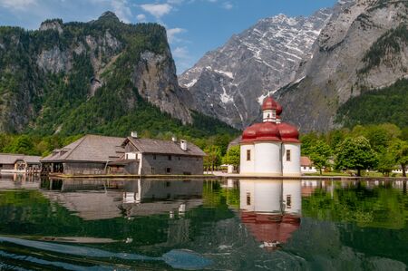Bartholomew church in Konigssee , the deepest, cleanest lake in Germany during summer season.の写真素材
