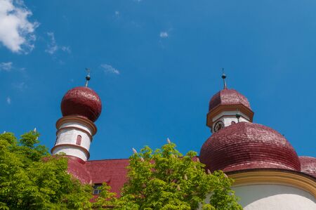 Bartholomew church in Konigssee , the deepest, cleanest lake in Germany during summer season.の写真素材