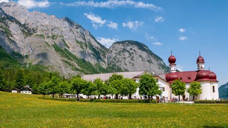 Bartholomew church in Konigssee , the deepest, cleanest lake in Germany during summer season.の写真素材