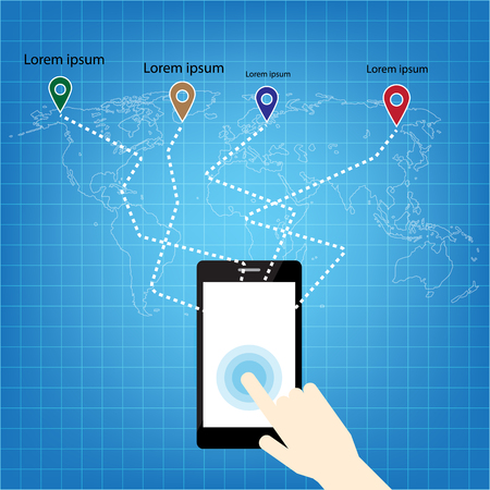 Global technology communications internet network on smart phone. Various connections implying a world map, Vector illustration.のイラスト素材
