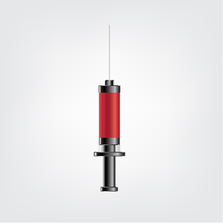 Vector syringe icon for injection vaccine with red blood liquid isolated on white backgroundのイラスト素材