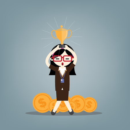 Businesswoman concept winner success. Business woman character vector. Excited smiling cartoon female raising up trophy. のイラスト素材