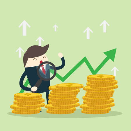 Young happy Business man hold plant growth from money coin with icon of business and creativity. Business investment growth concept. start up - vector illustrationのイラスト素材