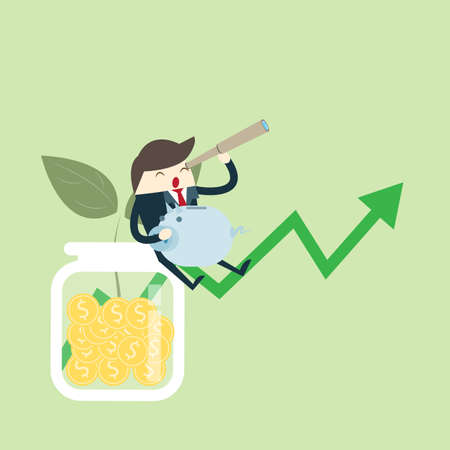 Young happy Business man hold piggy sit on money coin with icon of business and creativity. Business investment growth concept. start up - vector illustrationのイラスト素材