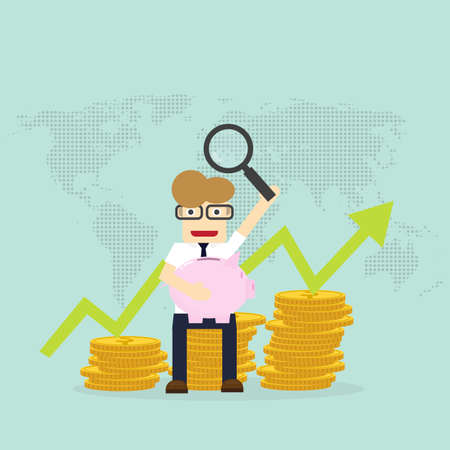 Young happy Business man hold piggy growth from money coin with icon of business and creativity. Business investment growth and saving concept. start up - vector illustrationのイラスト素材
