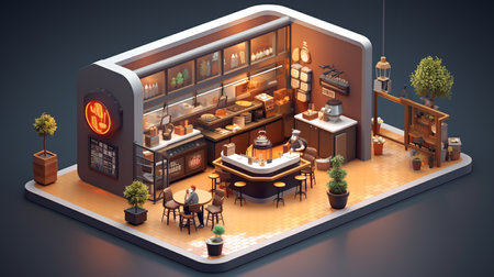 Restaurant isometric composition with coffee shop interior 3d renderingの素材
