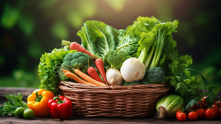 Fresh organic vegetables in basket on wooden table. Healthy food concept.の素材