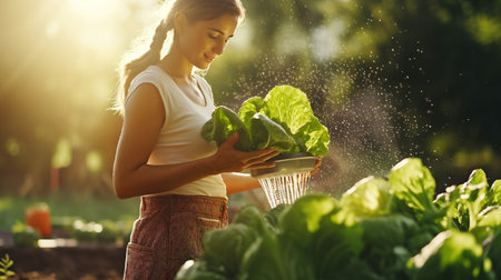 Young woman harvesting fresh green lettuce in her vegetable garden. Selective focus.の素材