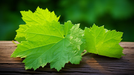 Grape leaves on old wooden table in garden. Nature background.の素材