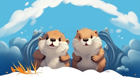 Two beavers in the snow. Vector illustration, cartoon style.の素材