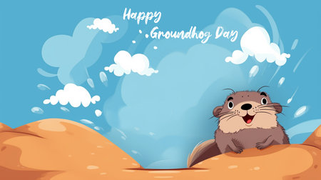 Happy Groundhog Day card with cute groundhog in the desert illustrationの素材
