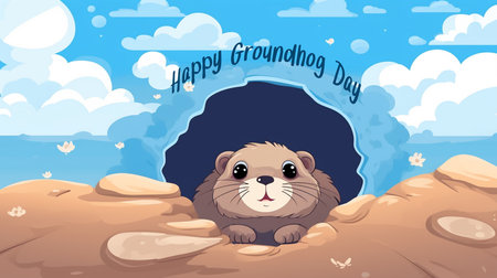 Happy Groundhog Day greeting card with cute otter in hole illustrationの素材