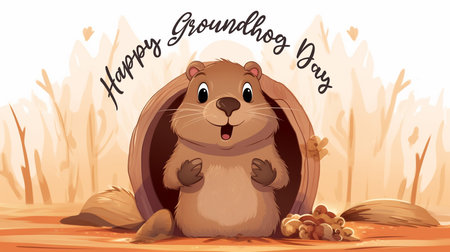 Happy Groundhog Day greeting card with cute groundhog. Vector illustration.の素材