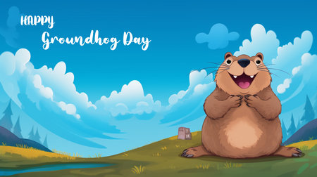 Happy Groundhog Day greeting card. Groundhog day background with groundhog. Vector illustration.の素材