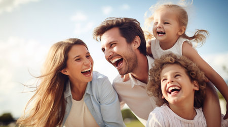 Cheerful family having fun in the park on a sunny dayの素材