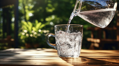 Pouring water into glass on wooden table in garden, closeupの素材