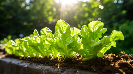 Fresh green lettuce growing in vegetable garden with sunlight in the morning.の素材