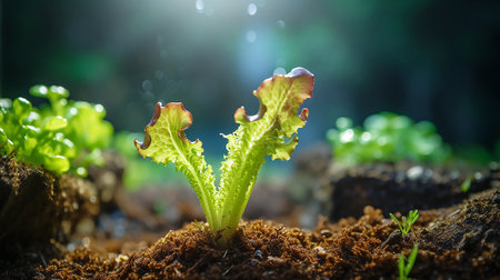 Close up of fresh green lettuce seedling growing in soil on blurred backgroundの素材