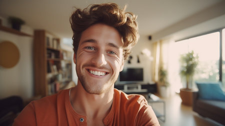 Portrait of handsome young man smiling and looking at camera at homeの素材