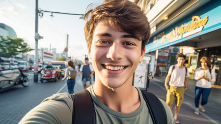 young handsome teenage hipster guy in city street smiling cheerful taking selfieの素材