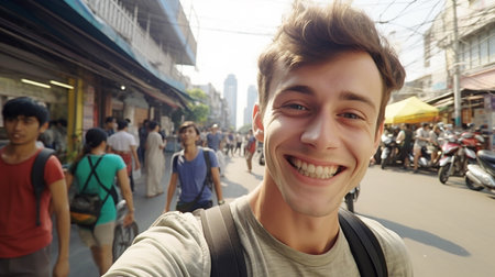 Handsome young man smiling and taking selfie in the city.の素材