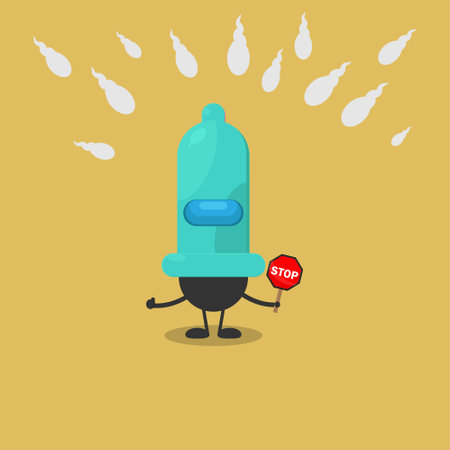 Cartoon Illustration of a Blue Condom Showing Stop Sign.のイラスト素材