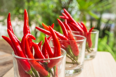 Close up of red hot chillipeppers on tableの写真素材