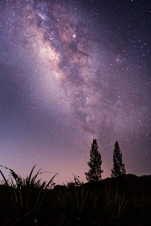 Panorama view of universe space shot of nebula and milky way galaxy with stars on blue night sky....