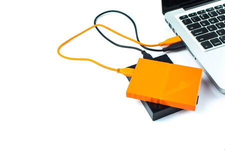 Close up of external hard disk drive for connect to laptop, transfer or backup data between computer...