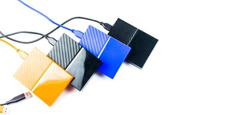 Close up of external hard disk drive for connect to laptop, transfer or backup data between computer...