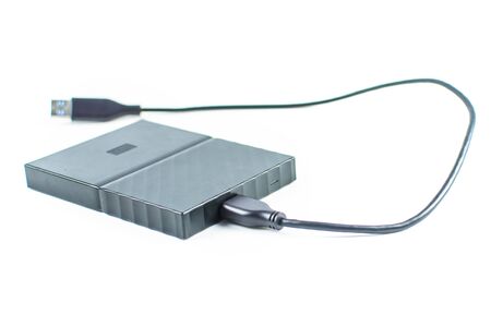 Close up of external hard disk drive for connect to laptop, transfer or backup data between computer...