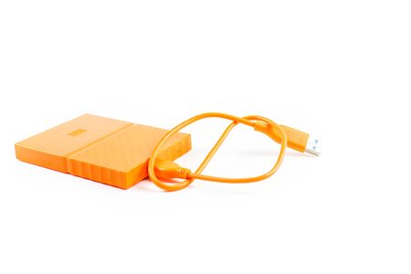 Close up of external hard disk drive for connect to laptop, transfer or backup data between computer...