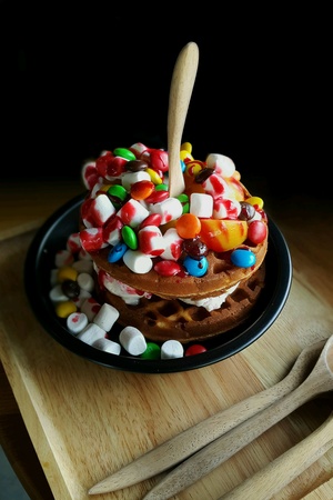 Ice Cream between Waffle with Colorful Toppings and Marshmallowsの素材