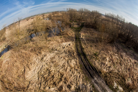 Landscape with river and blue sky, meandering riverの写真素材