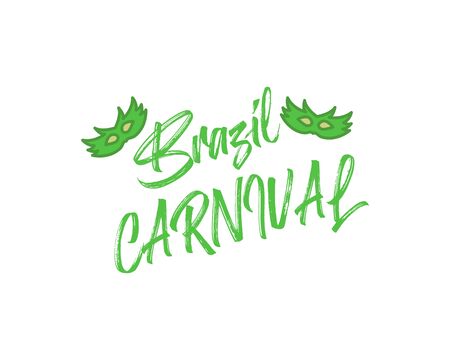 Popular Event in Brazil. Festive Mood. Carnival Title With Colorful Party Elements Saying Come to Carnival. Travel destination. Brazilian , Dance and Music on white backgroundのイラスト素材
