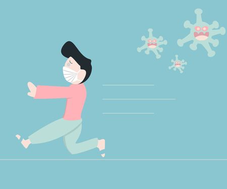 illustration of flat run icon avoiding the Coronavirus virus. The coronavirus novel (2019-nCoV) uses a mask as temporary protection The concept of coronavirus quarantine vector illustrationのイラスト素材