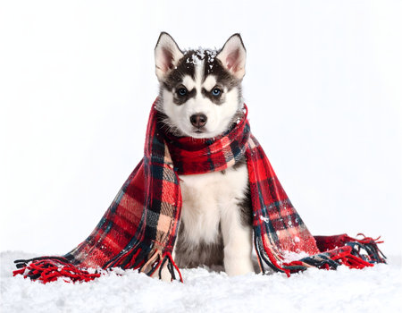 A cute wolf wearing a festive red blanket and a red Santa hat, sitting in the snow.の素材