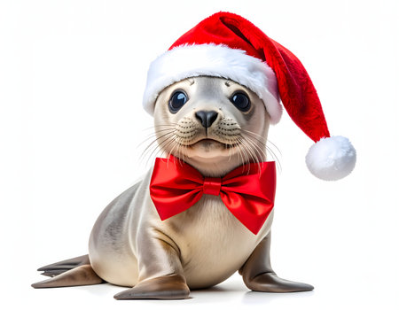 A cute dog, possibly a pug, wearing a red Santa hat and a bow tie, isolated on a white background.の素材