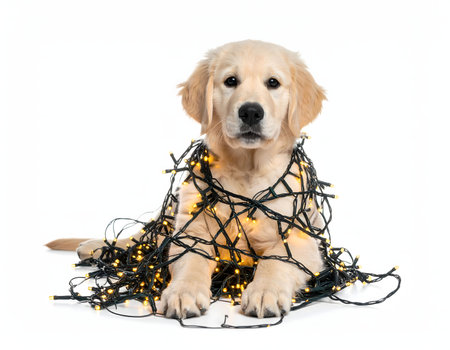 A cute dog, possibly a Golden Retriever puppy, wearing a red scarf and holding a gift box.の素材