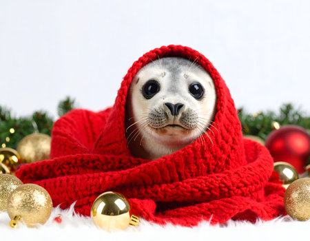 A cute red panda wearing a red Santa hat and a festive scarf, isolated on a white background.の素材