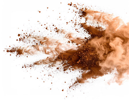 An energetic burst of cocoa powder scattering from a central point, captured in mid-air.の素材
