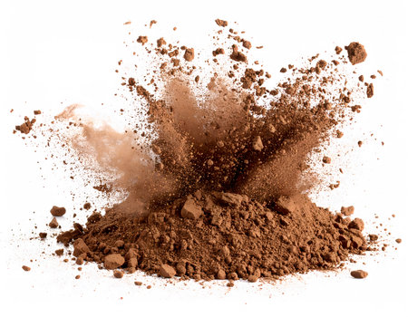 A dynamic shot of cocoa powder exploding and scattering in the air, creating a rich brown dust cloud against a clean white background.の素材