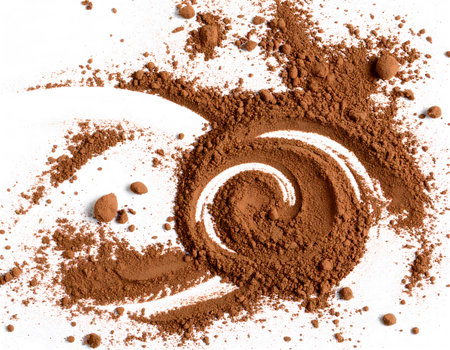 An intricate splash of cocoa powder, forming a complex and artistic spiral with fine texture and detail.の素材