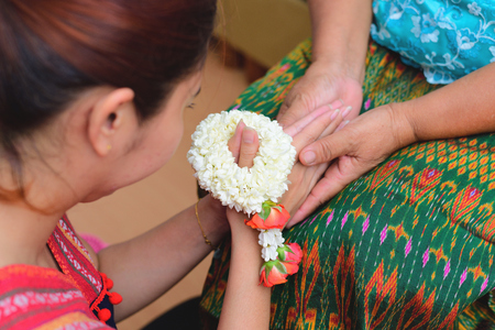 Thai traditional jasmine garland. symbol of Mother's day in thailand.の写真素材