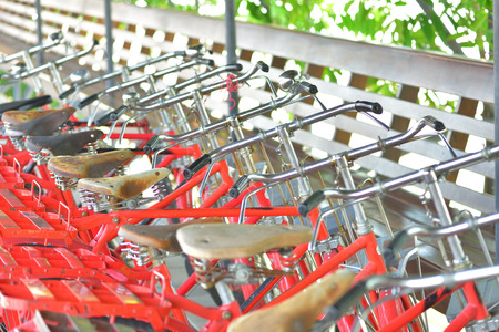 Bikes parked on the sidewalk Public place.の写真素材